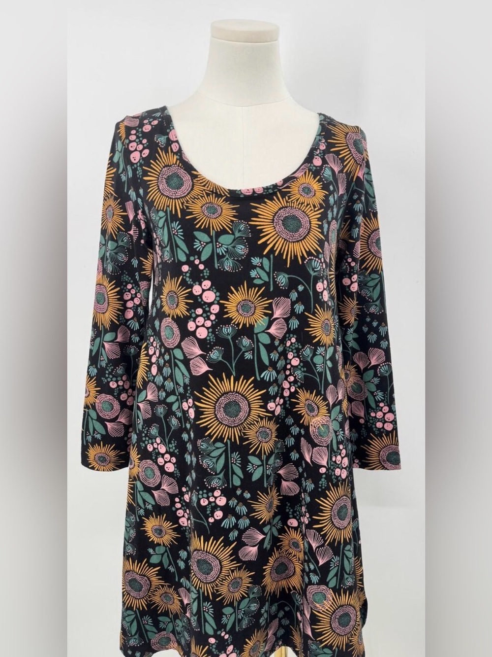 Mata Traders Black Dress Cotton Tunic Orange Floral Sunburst Long Sleeve S